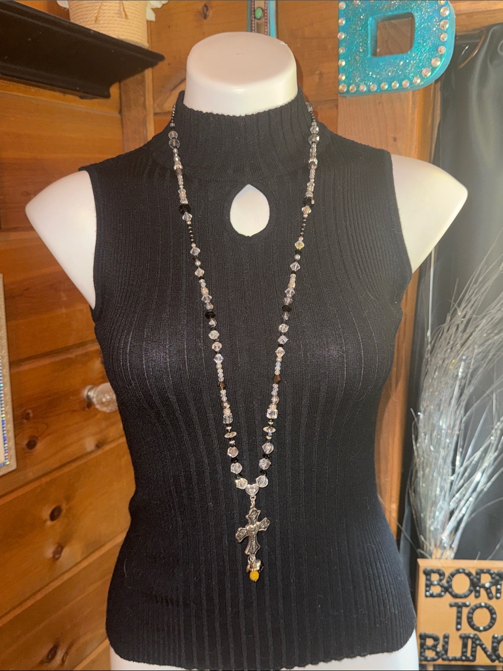 Crystal Bead Rosary Necklace with Cross - Clear/Black